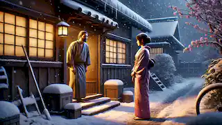 Takao se encuentra con Yukiko por primera vez fuera de su cabaña nevada, con un cálido resplandor que emana del interior iluminando la escena.