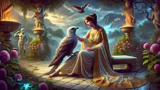 Zeus, transformado en un pájaro cuco, se posa en el regazo de Hera en un jardín divino adornado con flores luminosas y un telón de fondo brumoso del Olimpo.
