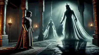 El rey Rostam se enfrenta a figuras fantasmales en un templo tenuemente iluminado, confrontando sus miedos durante la Prueba de las Sombras.
