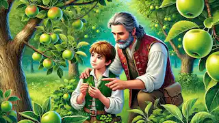 El joven Johnny Appleseed aprendiendo sobre plantas en un huerto.