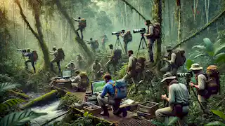 Lucas y un equipo navegan por la densa maleza, estableciendo puntos de observación y documentando la fauna.