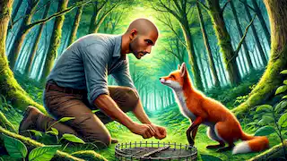 Hasan Kachal rescatando a un zorro de una trampa en un denso bosque.