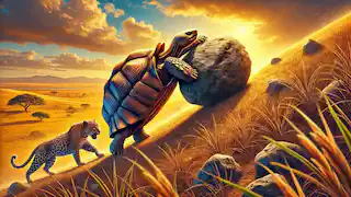 Una tortuga empujando una pesada piedra cuesta arriba con la ayuda del viento, mientras el leopardo lucha.