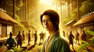 Kenta, más fuerte y sabio, entrena a jóvenes guerreros en un claro del bosque iluminado por el sol, simbolizando la paz y la fuerza recién encontradas.