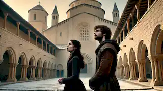 Pilar y su acompañante se encuentran cerca de un monasterio, contemplando enseñanzas espirituales en la suave luz de la tarde.