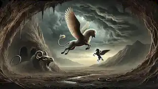 Bellerophon sur Pégase s'élève au-dessus des terres brûlées de Lycie, s'approchant de la Chimère près de sa grotte sombre.