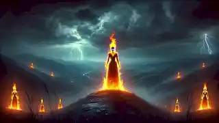 La Candileja emite su última advertencia desde lo alto de una colina en una noche tormentosa, mientras las llamas iluminan el valle.