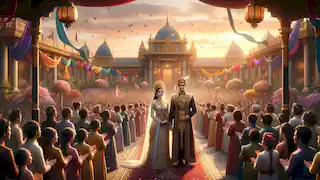 Candra Kirana y Raden Inu se reúnen en una gran celebración en el palacio real, rodeados de aldeanos alegres.