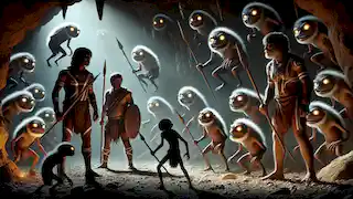Los Ancianos enfrentan a los traviesos espíritus Imjim en una cueva tenuemente iluminada, sosteniendo lanzas con determinación.