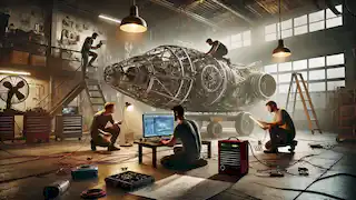 Un grupo de amigos trabaja en un garaje, soldando y construyendo el armazón de una nave espacial, rodeados de herramientas y planos.