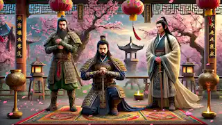 Liu Bei, Guan Yu y Zhang Fei se arrodillan bajo un duraznero, jurando hermandad.