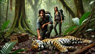 Diego y Mariana descubren una trampa de cazadores furtivos en lo profundo de la selva, con un joven jaguar caído cerca y ojos resplandecientes en las sombras.
