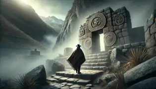 Inti Callisaya se aproxima a las antiguas ruinas de Wila Qala, envueltas en niebla, con grabados de sagrados símbolos andinos.