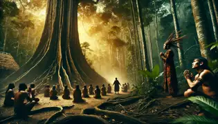 Nayara, una guerrera waorani, toca el sagrado árbol ceiba y recibe visiones mientras la luz dorada se filtra a través del denso dosel de las hojas.