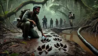 Un equipo de exploradores descubre huellas de tapires gigantes cerca de un río en la densa jungla, sus expresiones reflejan una mezcla de asombro y preocupación.