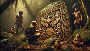Un antiguo altar de piedra con grabados pemones del Ave de Fuego, que brilla débilmente mientras Valeria traza los símbolos, con Tukupa cerca.