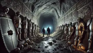 Viktor y Lenka exploran una vasta cámara subterránea adornada con armaduras plateadas, escudos y restos esqueléticos congelados en el tiempo.