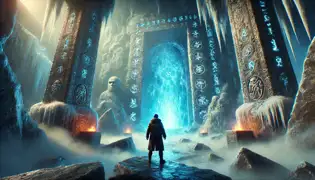En lo profundo de una caverna helada, Elías se encuentra frente a una enorme puerta congelada, decorada con runas brillantes, mientras la niebla gira en la tenue luz.
