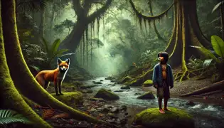 El joven Tupan camina a lo largo de la ribera de un río en la jungla cuando un zorro rojo con ojos ámbar emerge de las sombras, observándolo de cerca.
