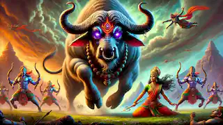 Mahishasura se transforma en su poderosa forma de búfalo, preparándose para embestir contra Durga.