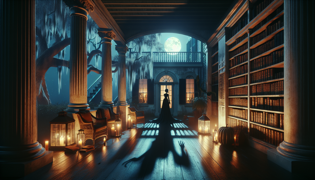 Biblioteca pouco iluminada com prateleiras de livros antigos e uma silhueta fantasmagórica pairando perto de uma janela arqueada.