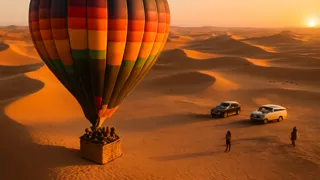 Puesta de sol con un globo aerostático a punto de aterrizar mientras un equipo de rescate los espera