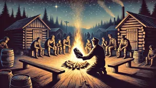 Niño tranquilo en un campamento de montaña, iluminado por la luz de la hoguera.