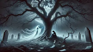 Una figura pálida como la sombra de un espíritu bajo un roble antiguo iluminado por la luz de la luna.