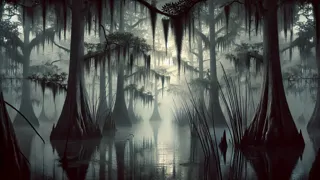 Seres de cipreses brumosos emergiendo del agua oscura del pantano al atardecer