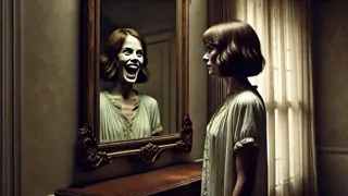 El reflejo de una mujer sonriéndole de manera grotesca en un espejo.