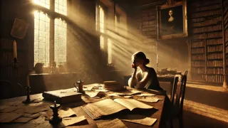 Una mesa de biblioteca iluminada por el sol, cubierta de cartas amarillentas y un diario abierto.