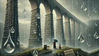 Gotas de lluvia congeladas suspendidas bajo arcos de piedra