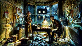 Dos figuras acurrucadas en un pequeño departamento, revisando documentos a la luz de la lámpara.