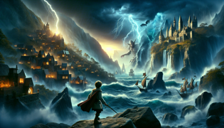 A defiant young man stands against a menacing figure amidst a stormy coastal landscape.