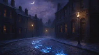 Huellas con garras que brillan en azul en una calle nevada del Londres victoriano.