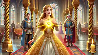 Gisela en un gran salón del palacio, revelando su verdadera identidad mientras el príncipe la mira asombrado.