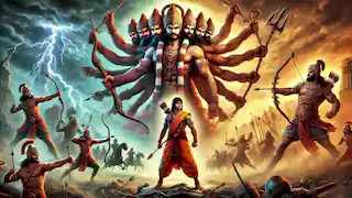 Rama y Ravana se enfrentan en el campo de batalla, en medio del caos, relámpagos y el choque de soldados.