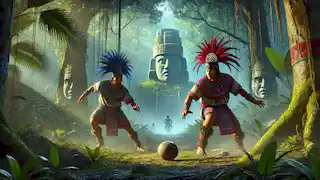 Hun Hunahpú y Vucub Hunahpú juegan un juego sagrado de pelota en un claro de la selva.