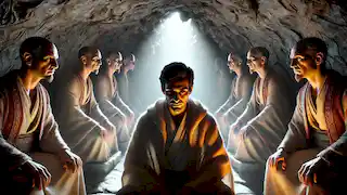 Tarek se encuentra con tres figuras sombrías en una cueva, cada una con una expresión diferente.