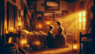 Difonta seated by Mateo's bedside in a dimly lit rustic room, surrounded by relics and hopeful prayers.