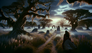 Difonta walking through the vast Argentine pampas towards a mystical clearing under a twilight sky.