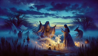 A mystic old woman guiding Difonta in an ancient ritual under a sky swirling with supernatural energy.