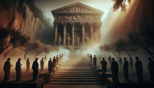 Un templo antiguo envuelto en una niebla mística, con símbolos divinos y una luz tenue y aterradora.