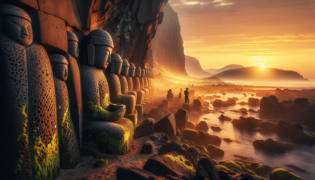Artesano tallando una estatua Dolhareubang de roca volcánica al amanecer.