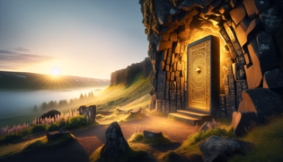 Interior de la cámara de basalto más allá de la puerta dorada al amanecer