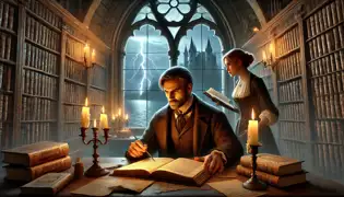 Dr. Victor Armand and Isabelle examine ancient manuscripts by candlelight in Château de Chillon’s library, surrounded by old books.