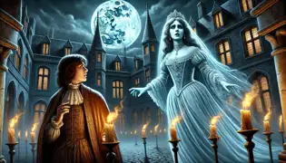 The ghostly figure of Countess Éléonore de Montreux pleads with Victor in the moonlit courtyard of Château de Chillon.