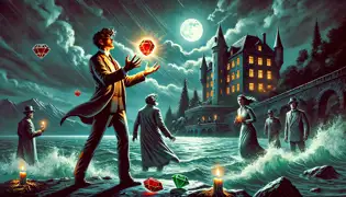 Dr. Victor Armand throws the cursed ruby into the churning waters of Lake Geneva as Isabelle watches in suspense at midnight.