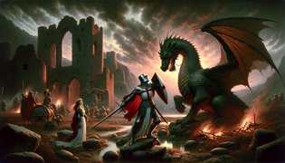El sir George clavando su espada en el corazón de un dragón caído en una caverna iluminada por antorchas.