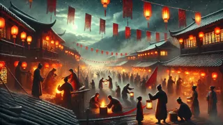 La mythique bête Nian déchaînée dans un village chinois enneigé pendant la nuit.